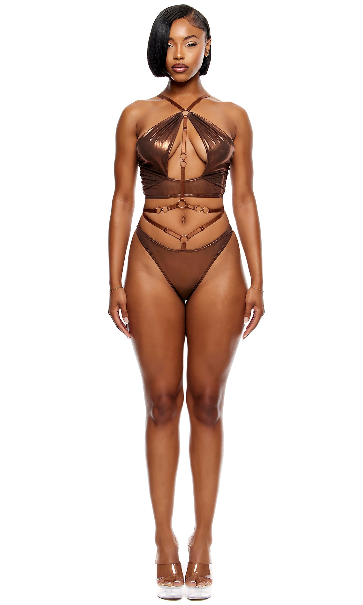 Liquid Metal Metallic Mesh Halterneck Bra Lingerie Set - Copper、mySite、bengalsvssteelers