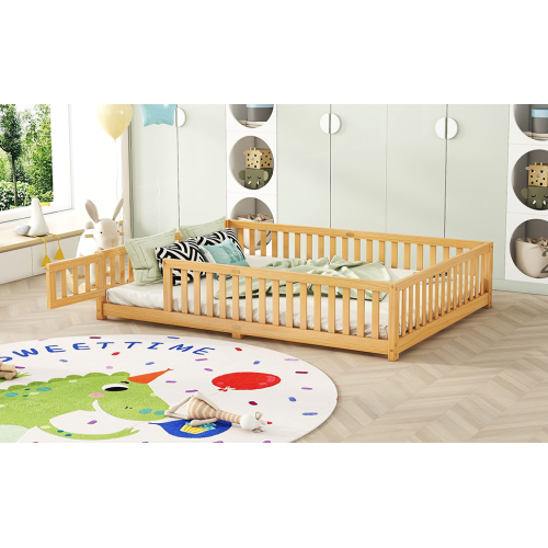 Twin Size Bed Floor Bed with Safety Guardrails and Door for Kids, Natural(Old SKU: W158090686)、、casual
