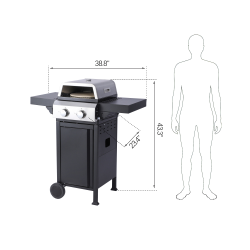 2-Burner Propane Gas BBQ Grill, Pizza Box, 24600BTU Output With Wire Enamel Cooking Grids For Outdoor Barbecue, Foldable Side Table, Hanging Basket, Stainless Steel、、eastwooduniform