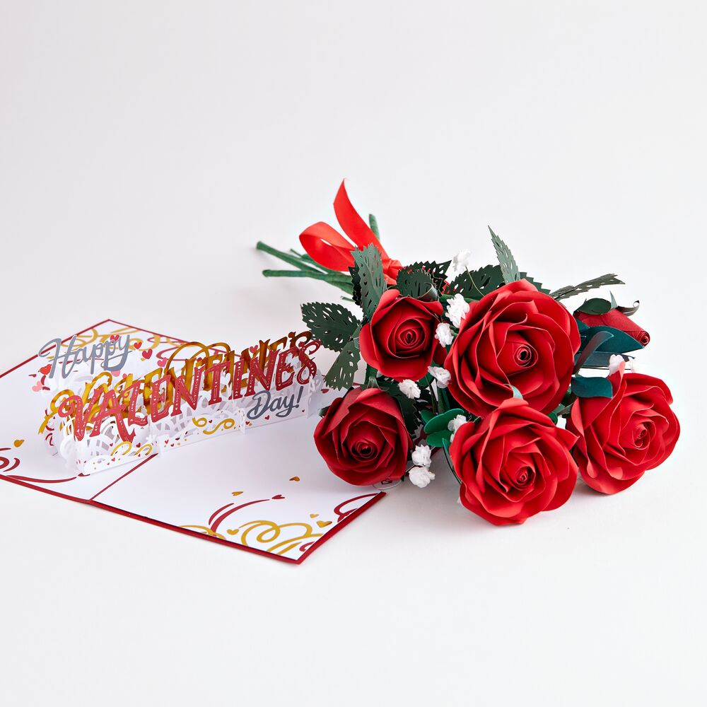 Handcrafted Paper Flowers: Red Roses (6 Stems) with Happy Valentine's Day Pop-Up Card、mySite、solidvoid