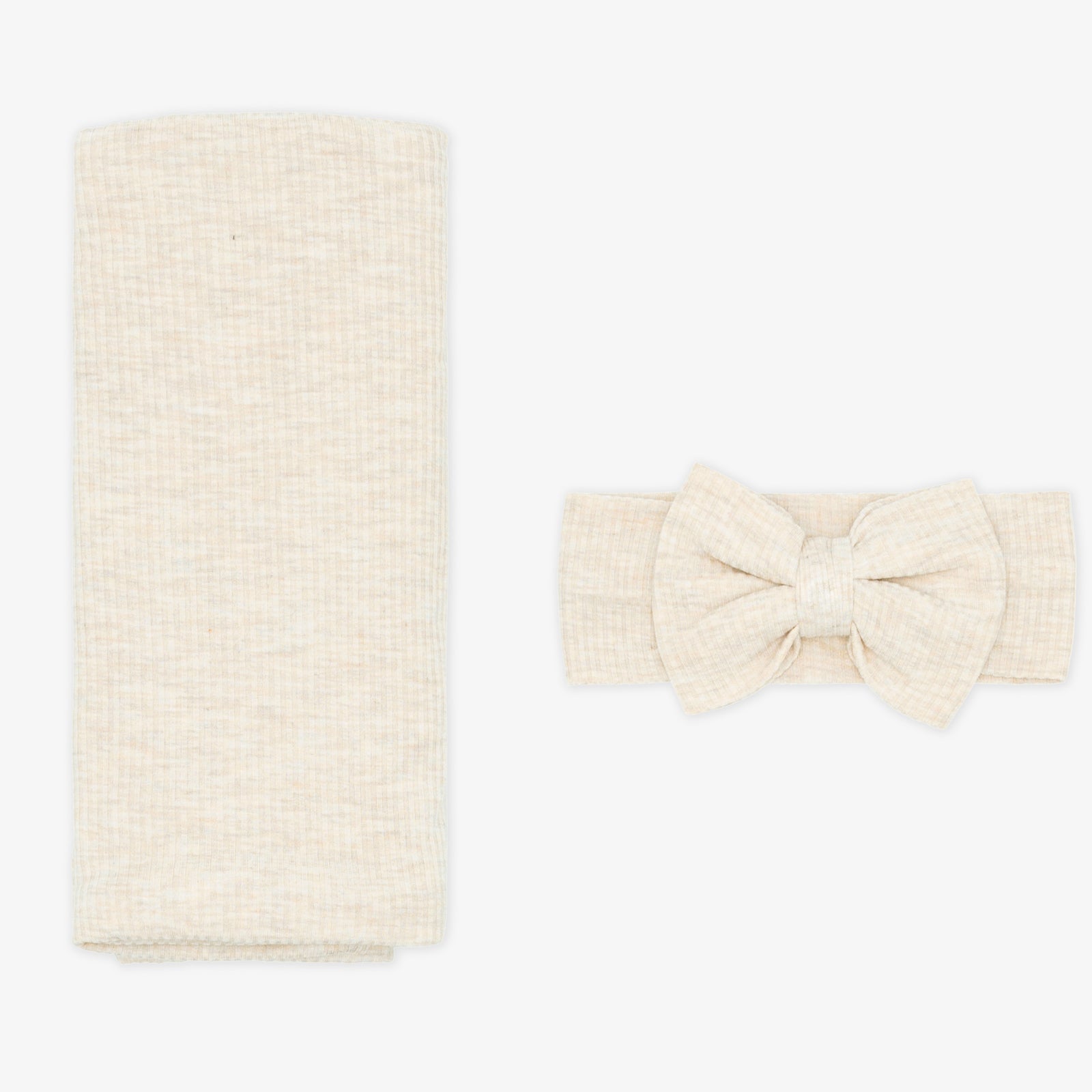 Heather Oatmeal Ribbed Swaddle & Luxe Bow Headband Set、mySite、g9winljtr