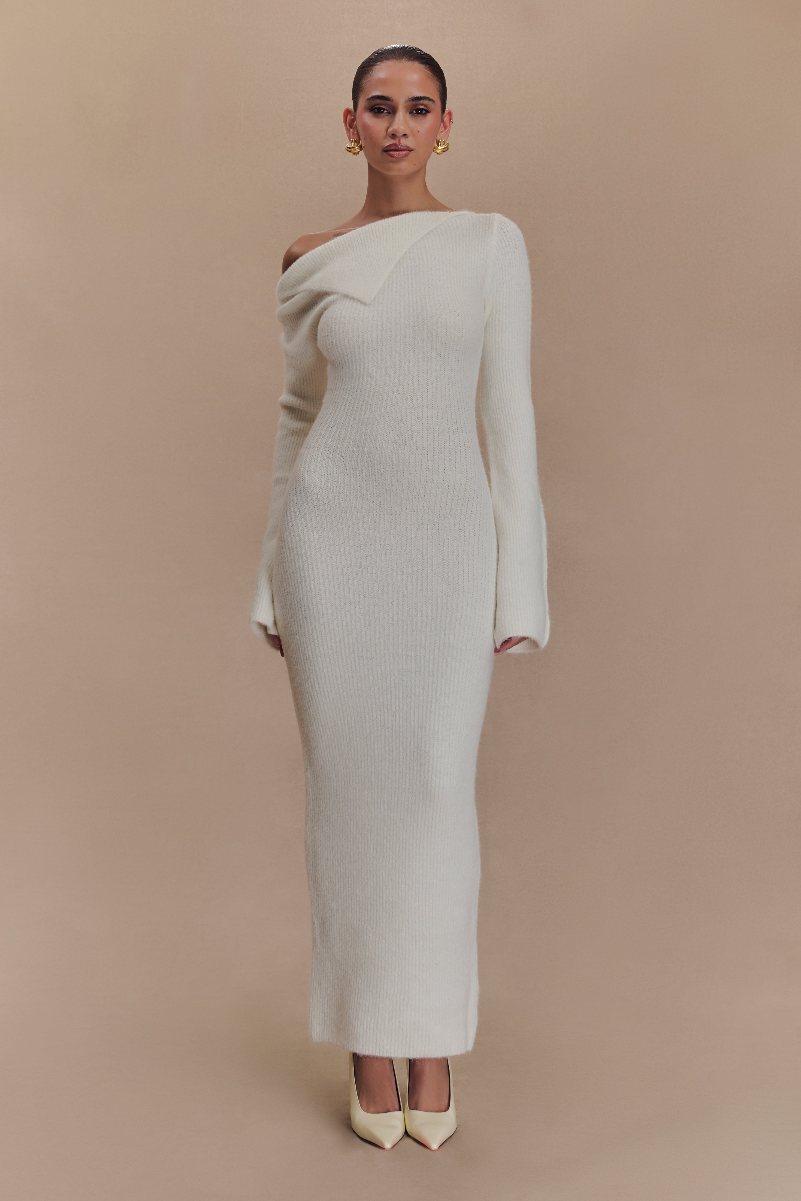 Magenta One Shoulder Fluffy Knit Midi Dress - Ivory、mySite、solidvoid
