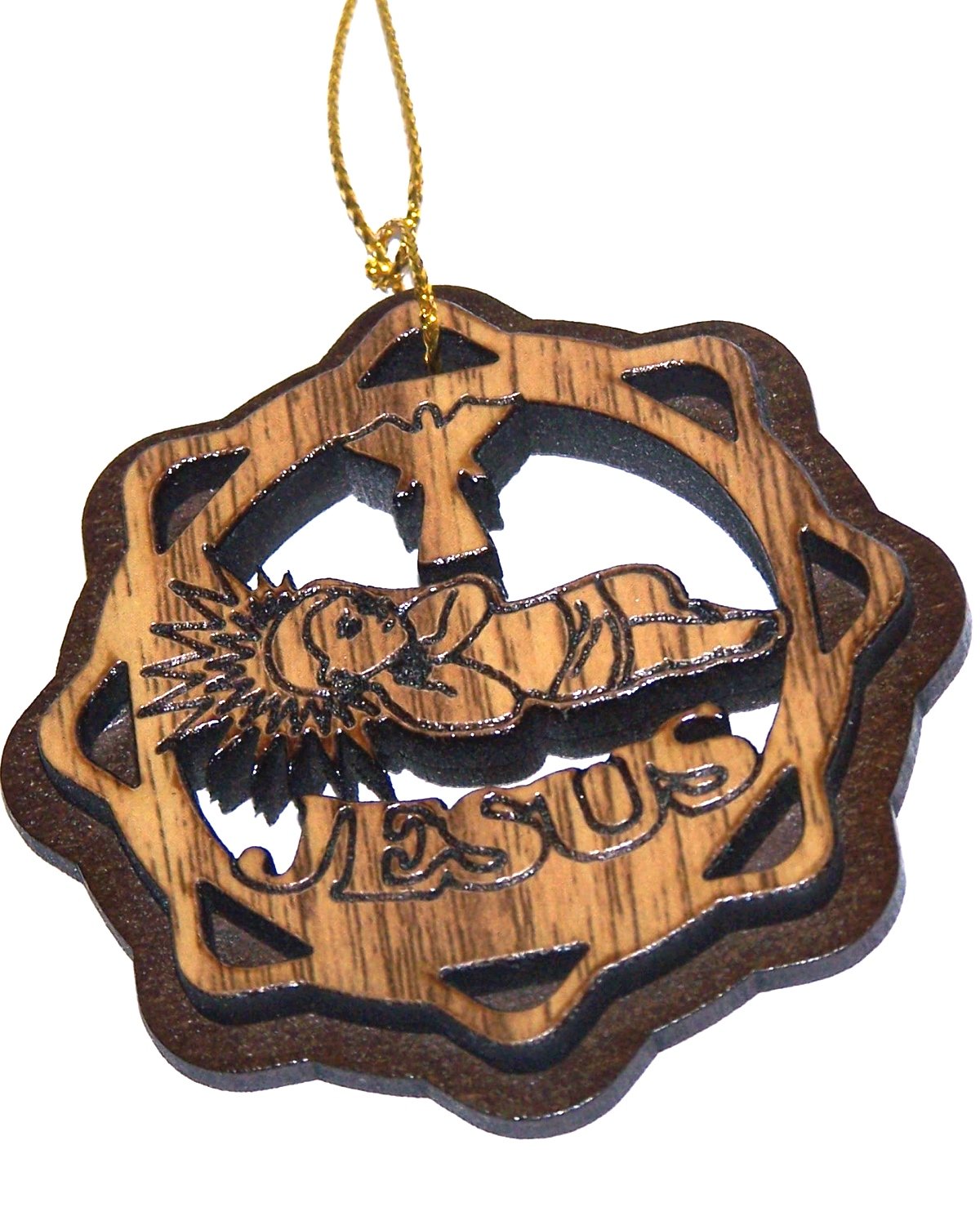  Holy Land Market Two Layers Mahogany with Olive Wood Baby Jesus in Cradle or Manger Ornament Gift Carved by Laser - Olive Wood (6.5 cm or 2.6 inch with Certificate) and Gold String、mySite、elrpsem3k