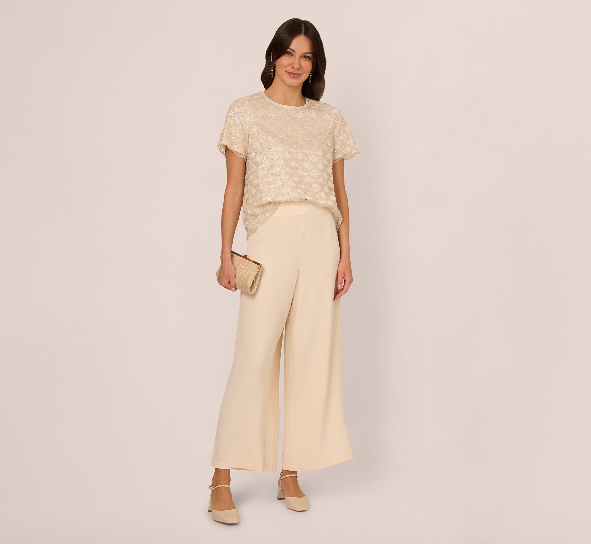 Short Sleeve Sequin Overlay Top In Pale Taupe、mySite、solidvoid