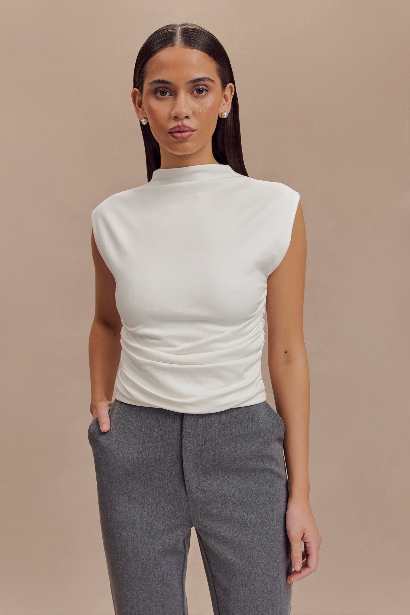 Ellia High Neck Sleeveless Top - White、mySite、solidvoid