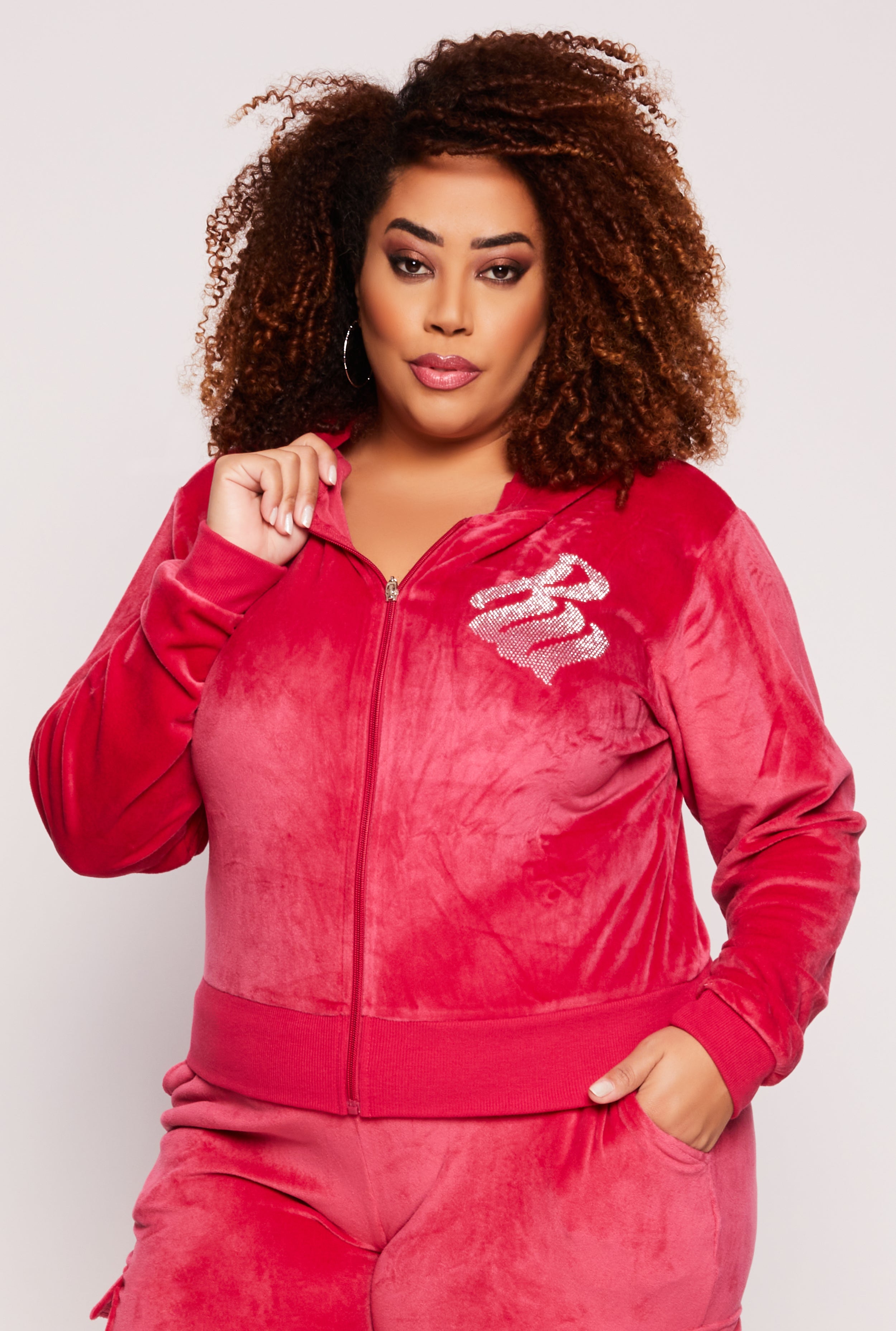 Plus Size Rocawear Rhinestone Velour Zip Front Hoodie、mySite、camillekostekn