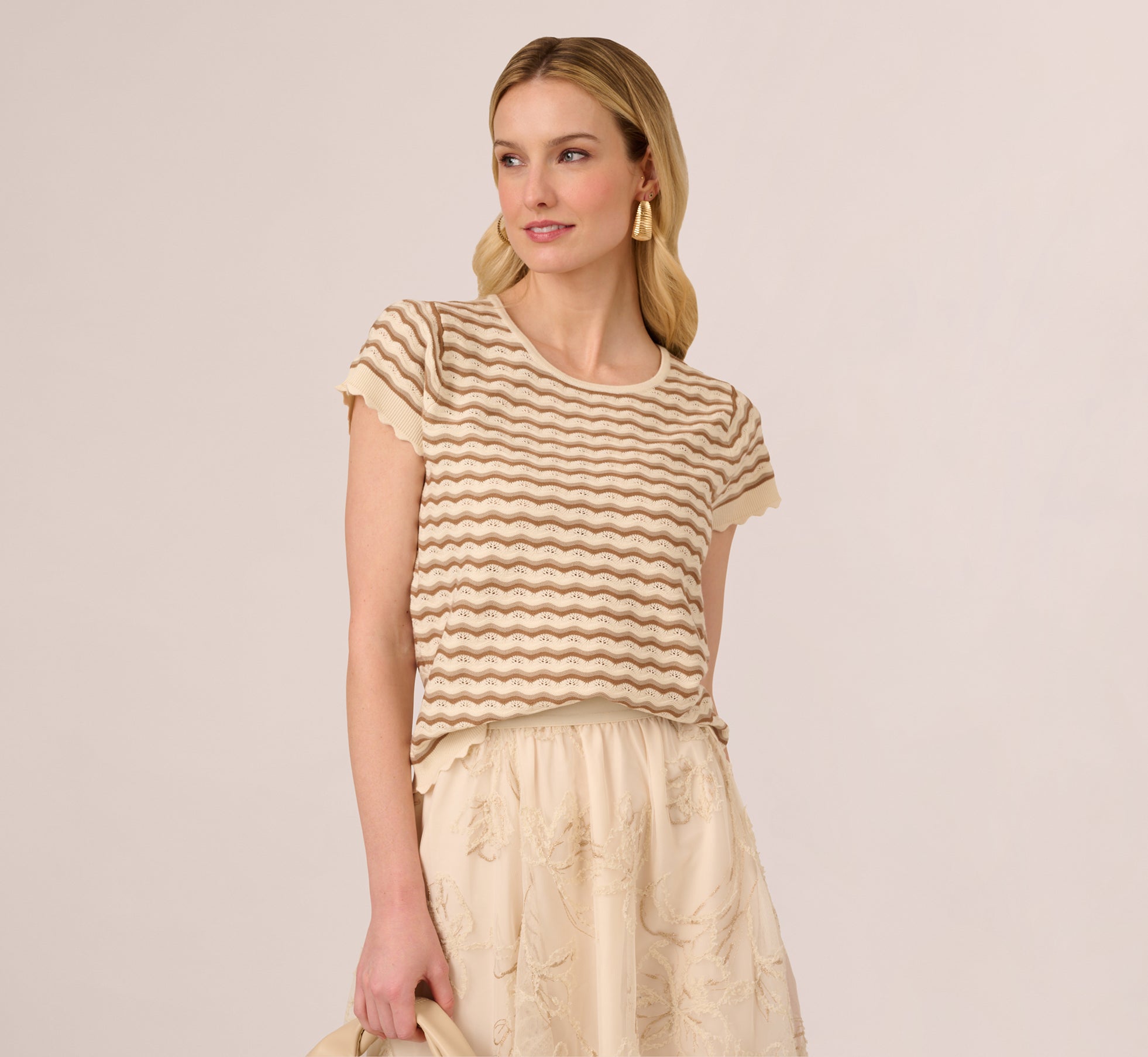 Cap Sleeve Wavy Pointelle Knit Top In Neutral Combo、mySite、solidvoid