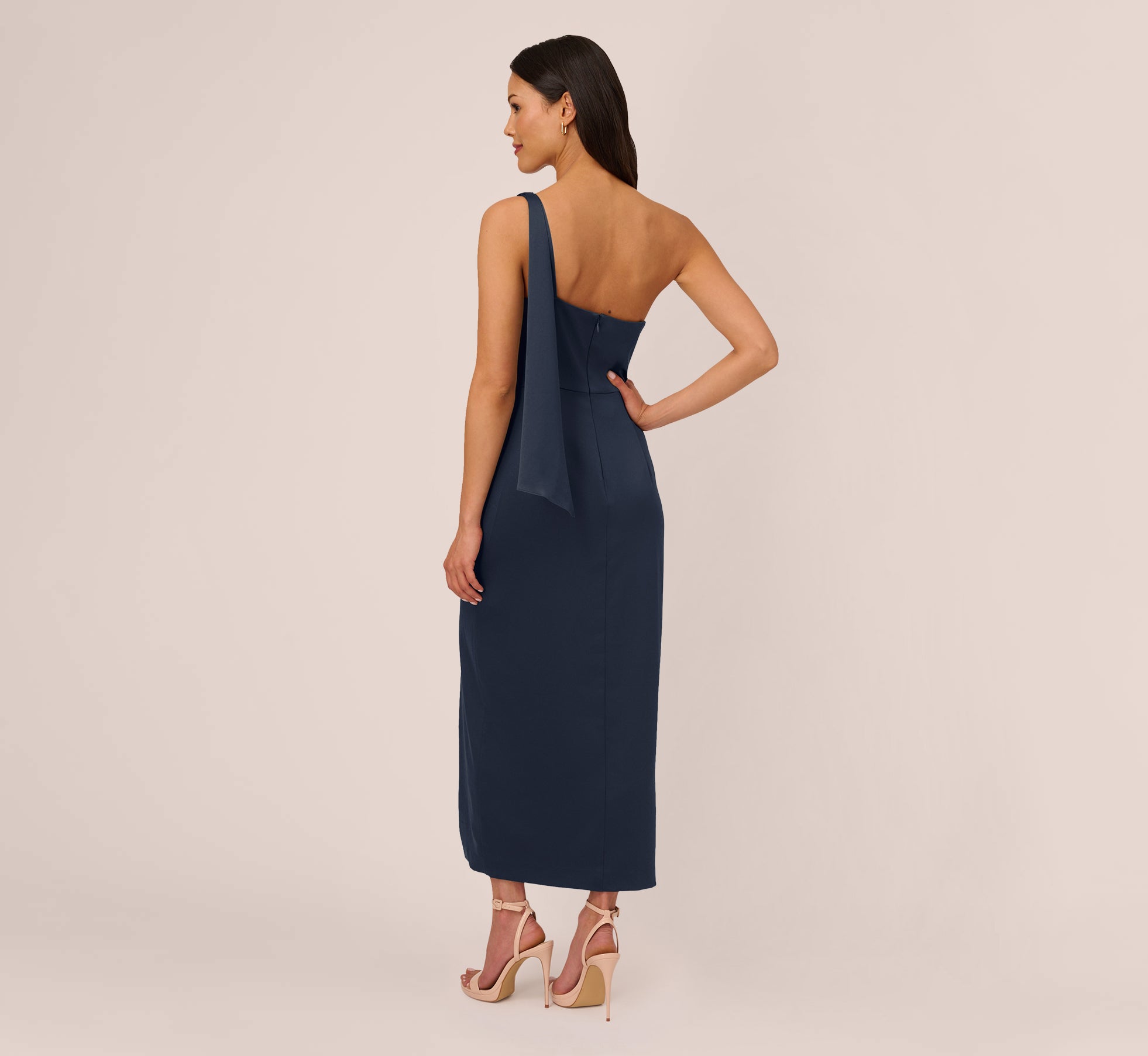 Satin Crepe One Shoulder Gown With Metal Ring Accent In Dark Navy、mySite、solidvoid