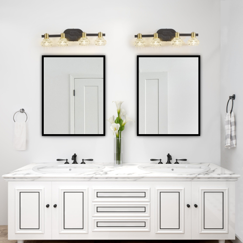 24" Vintage 4-Light Wall Sconce with Clear Crystal Shades, Black Iron Finish Vanity Light Fixture for Bathroom or Hallway (No Bulbs)、、eastwooduniform