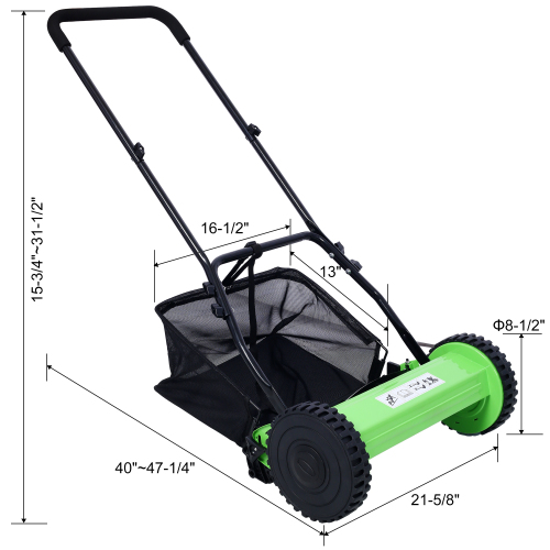 16-Inch 5-Blade Push Reel Lawn Mower with Grass Catcher, GREEN COLOR、、eastwooduniform