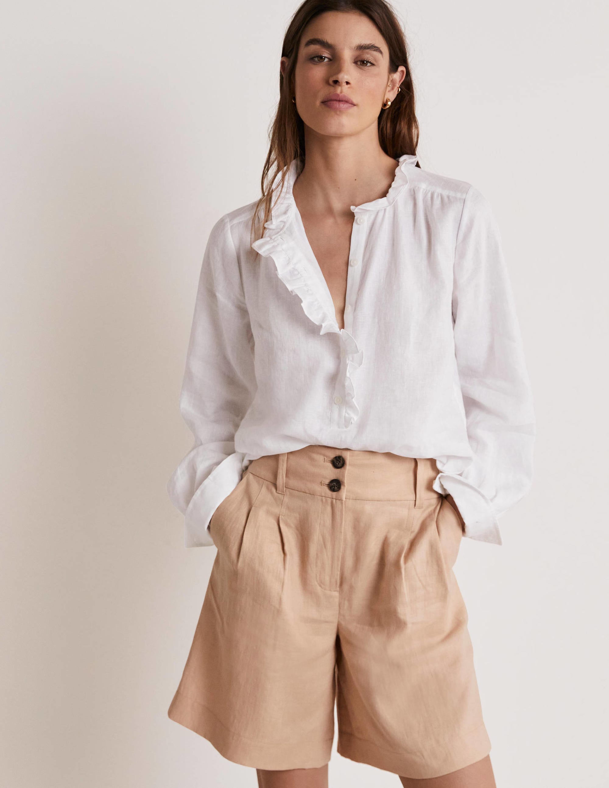  Ruffle Linen Popover Blouse-White、mySite、ashleygrahame
