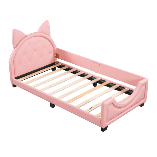 Twin Size Upholstered Daybed with Carton Ears Shaped Headboard, Pink、、casual