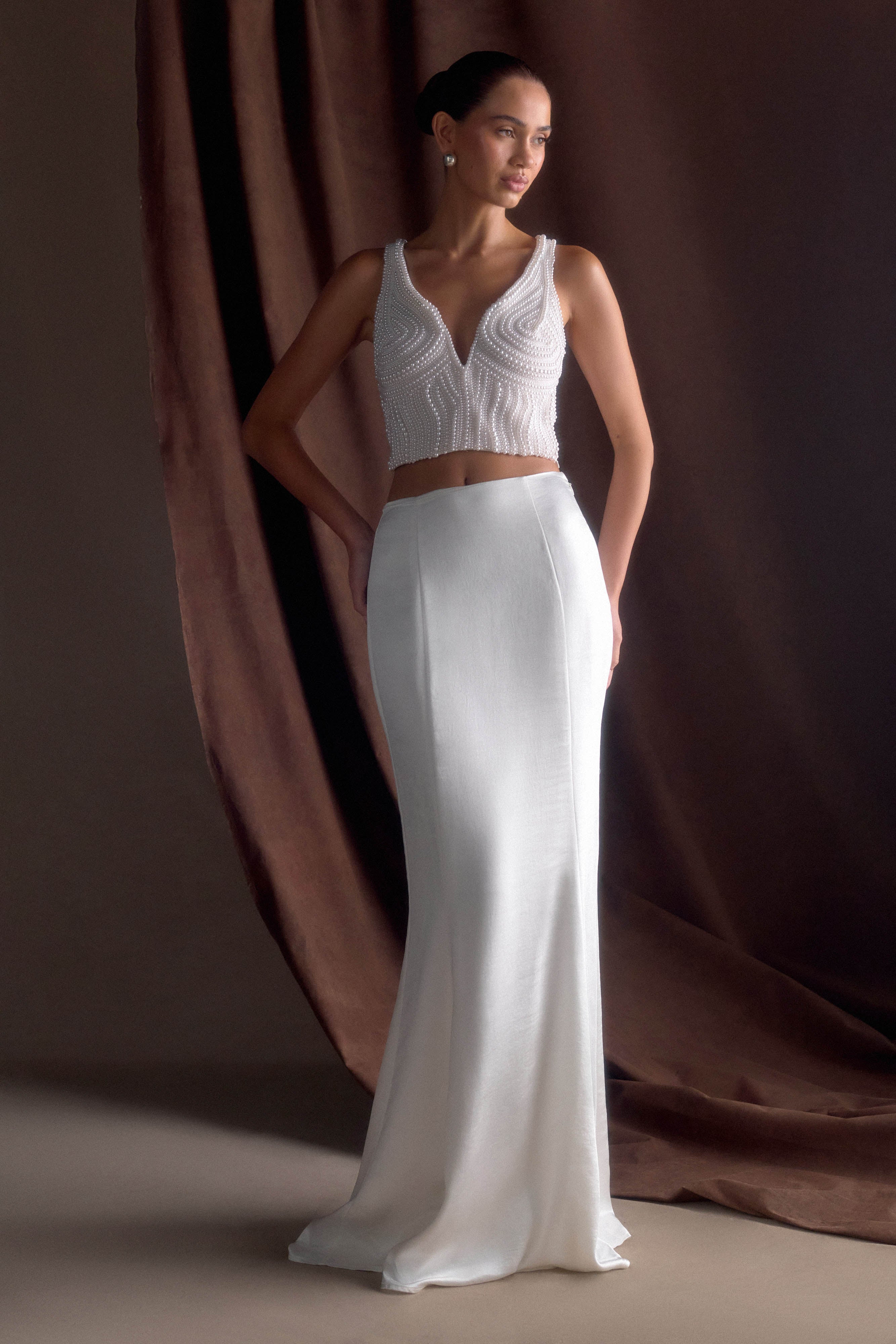 Khloe Satin Fishtail Maxi Skirt - White、mySite、solidvoid