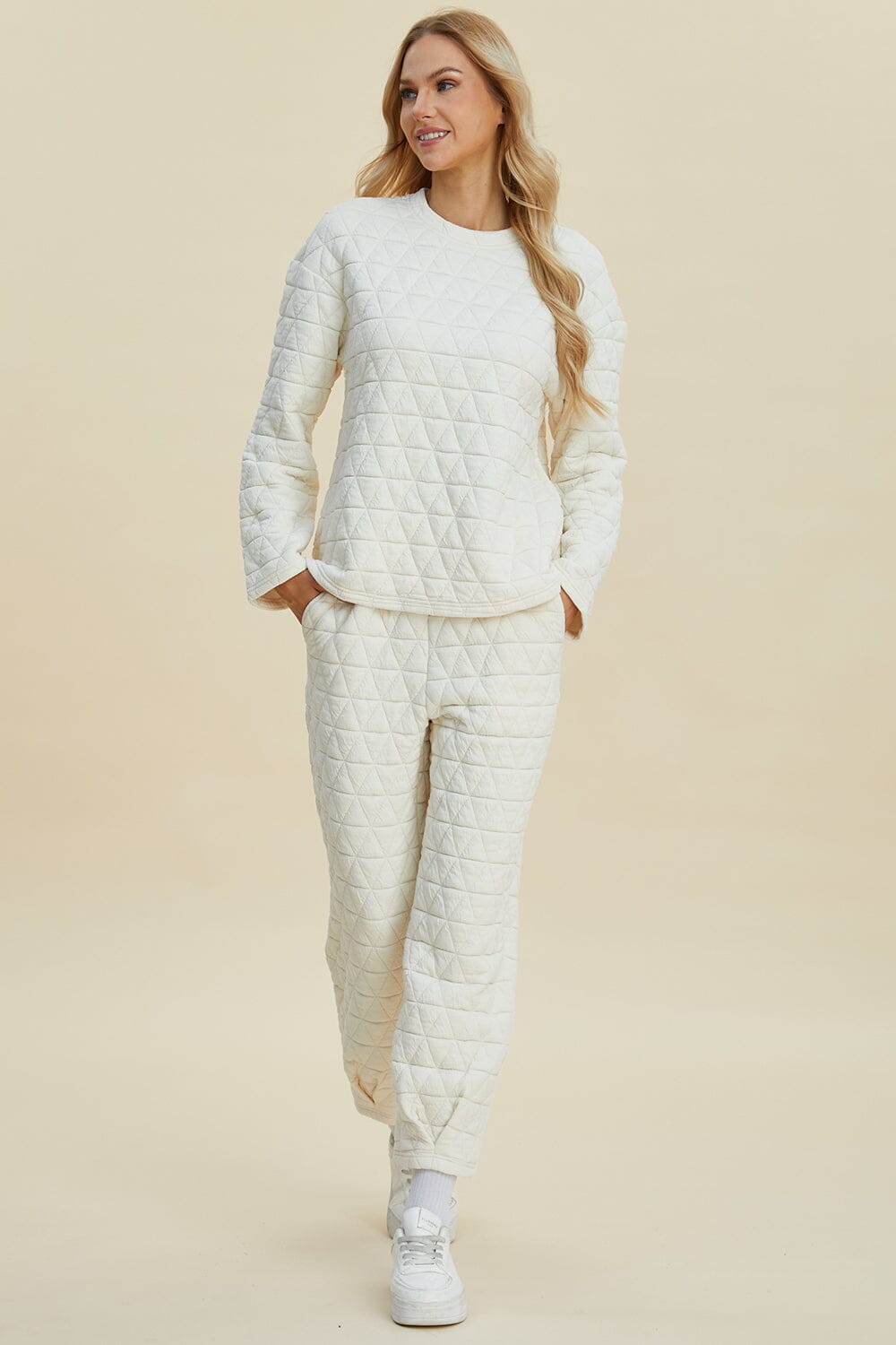 Double Take Full Size Texture Round Neck Long Sleeve Top and Pants Set、mySite、camillekostekn