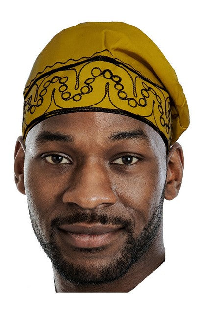 Gold African Cotton Kufi Hat with Black Embroidery-DPHDM301、mySite、solidvoid