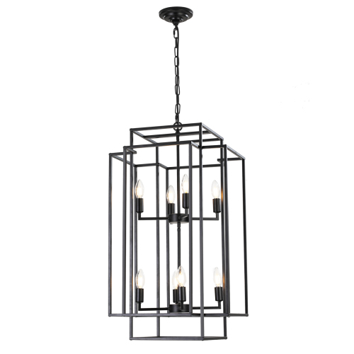 (Same as W1340142525/L1018-C) 18" Modern 8-Light Black & Chrome Geometric Pendant Chandelier, Industrial Metal Frame, Adjustable Hanging Light for Living Room, Dining Room, Kitchen (No Bulbs)、、eastwooduniform