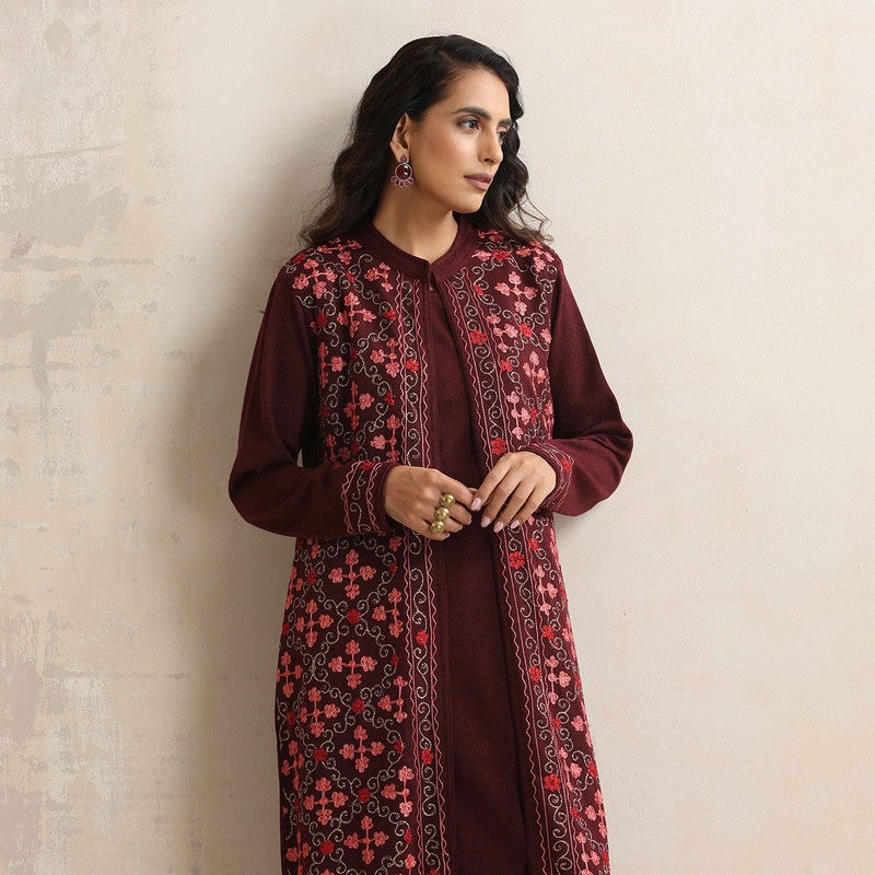 Woolen Kurta Set For Women | Kurta, Pyjama & Jacket | Embroidered | Purple、mySite、camillekostekn