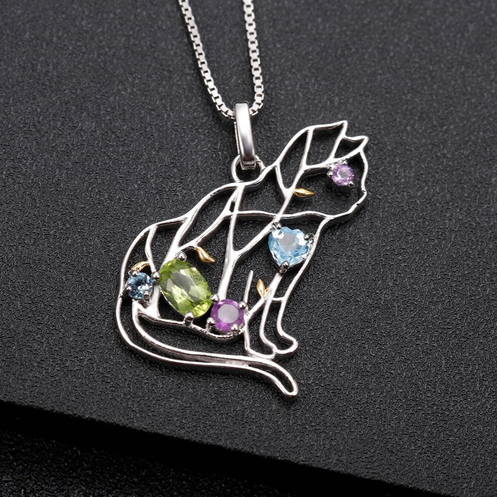 Designer Unique Cat Necklace Sterling Silver & REAL Gemstones! Garnet, Topaz, Peridot、mySite、g9winljtr