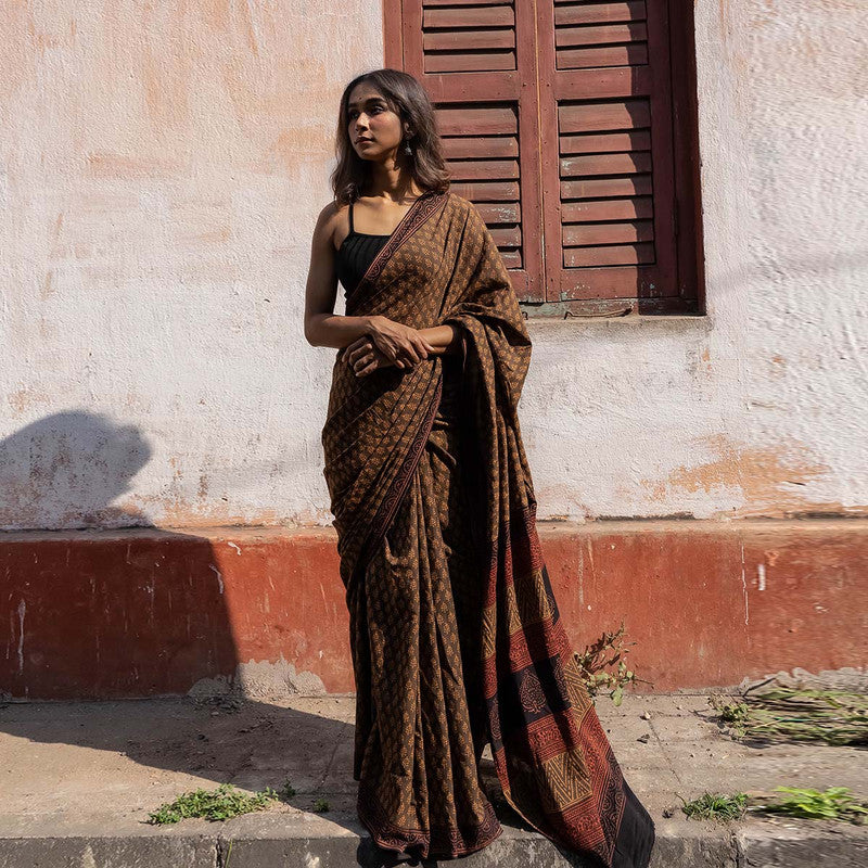 Festive Wear | Handblock Floral Printed Chanderi Brown Saree、mySite、camillekostekn