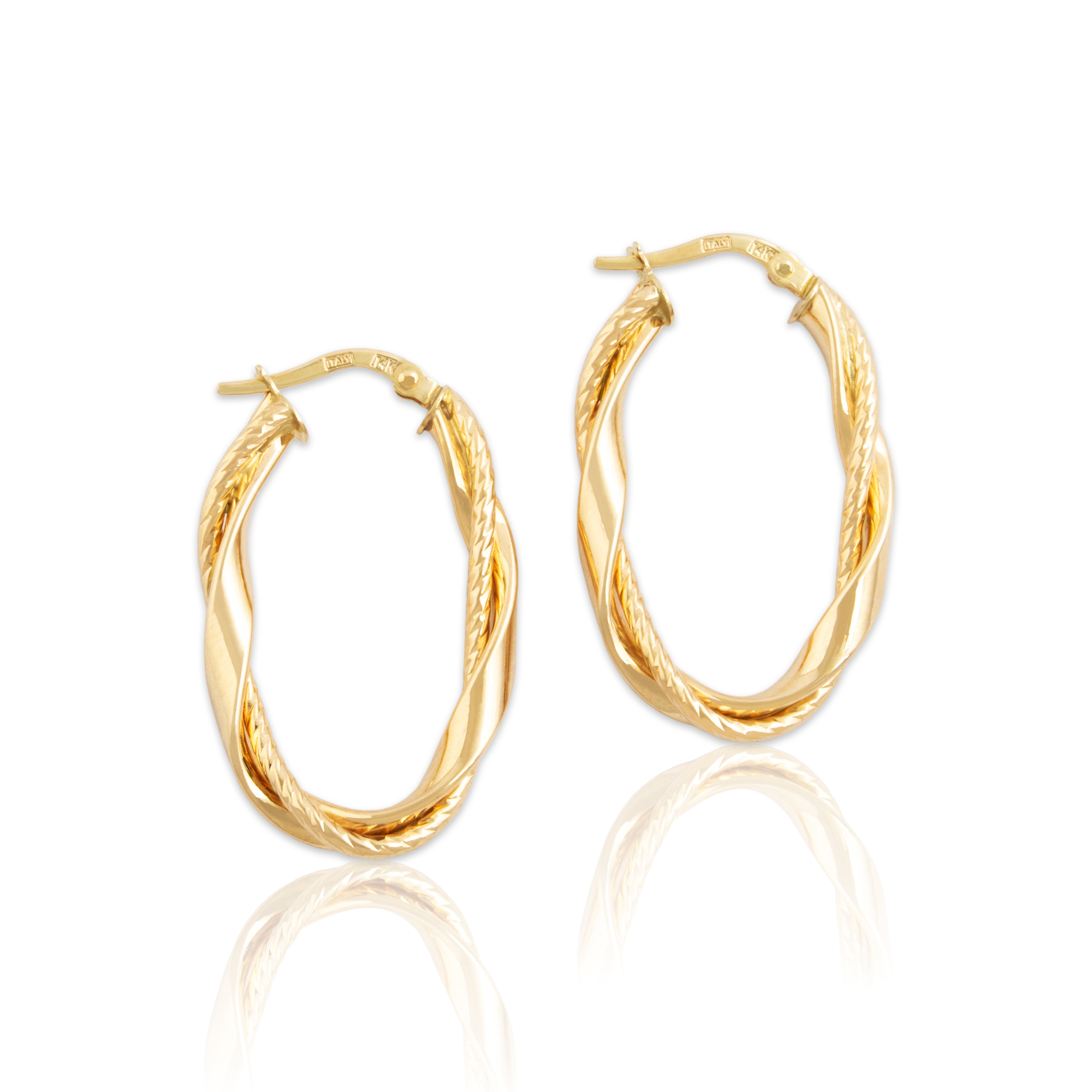 Vintage Italian 14k Yellow Gold Oval Textured Twists Hoop Earrings、mySite、hinf8tx79