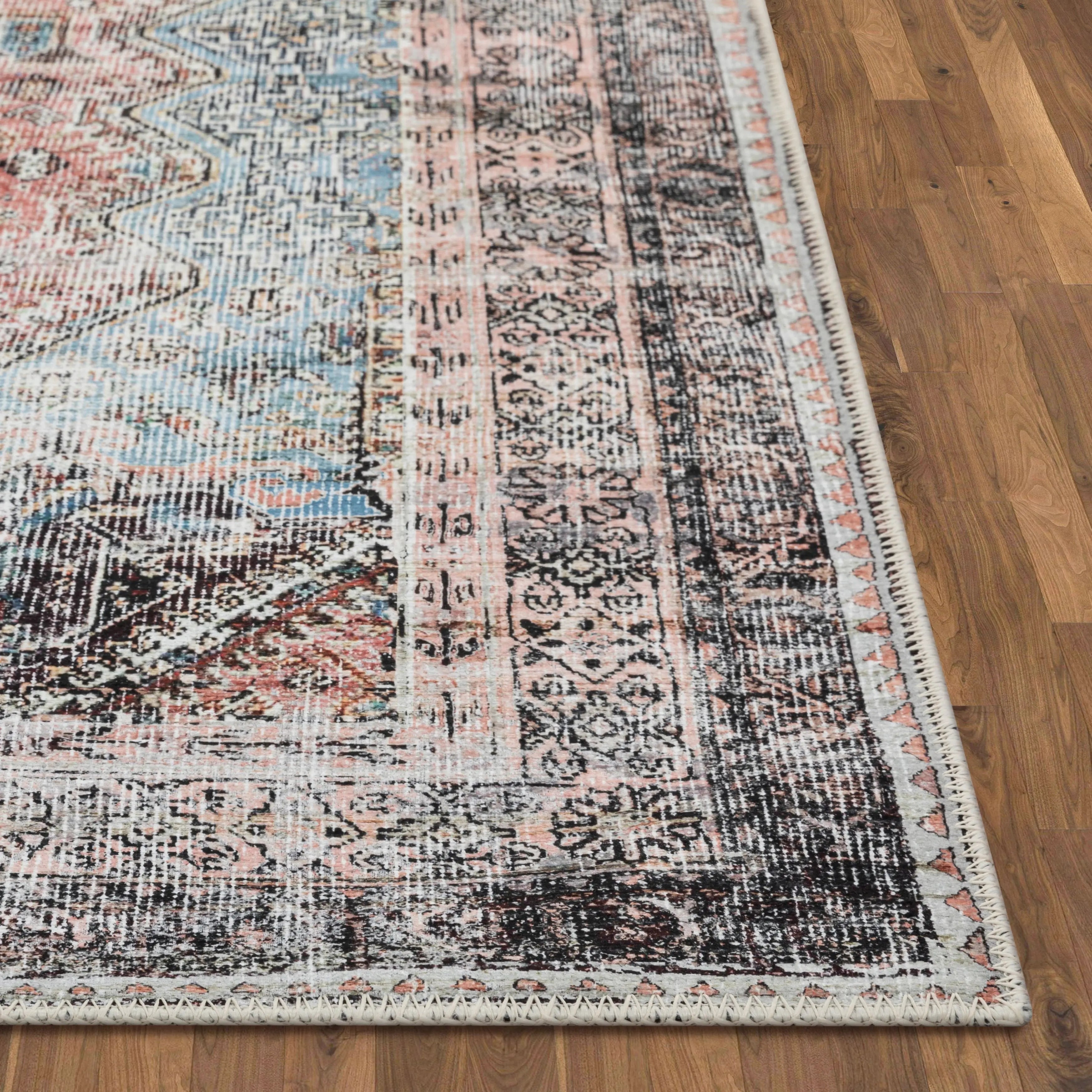 Menda Machine Washable Vintage Bohemian Meallion Oriental Light Blue Flat-Weave Distressed Rug、mySite、gigharbornorthrealestate