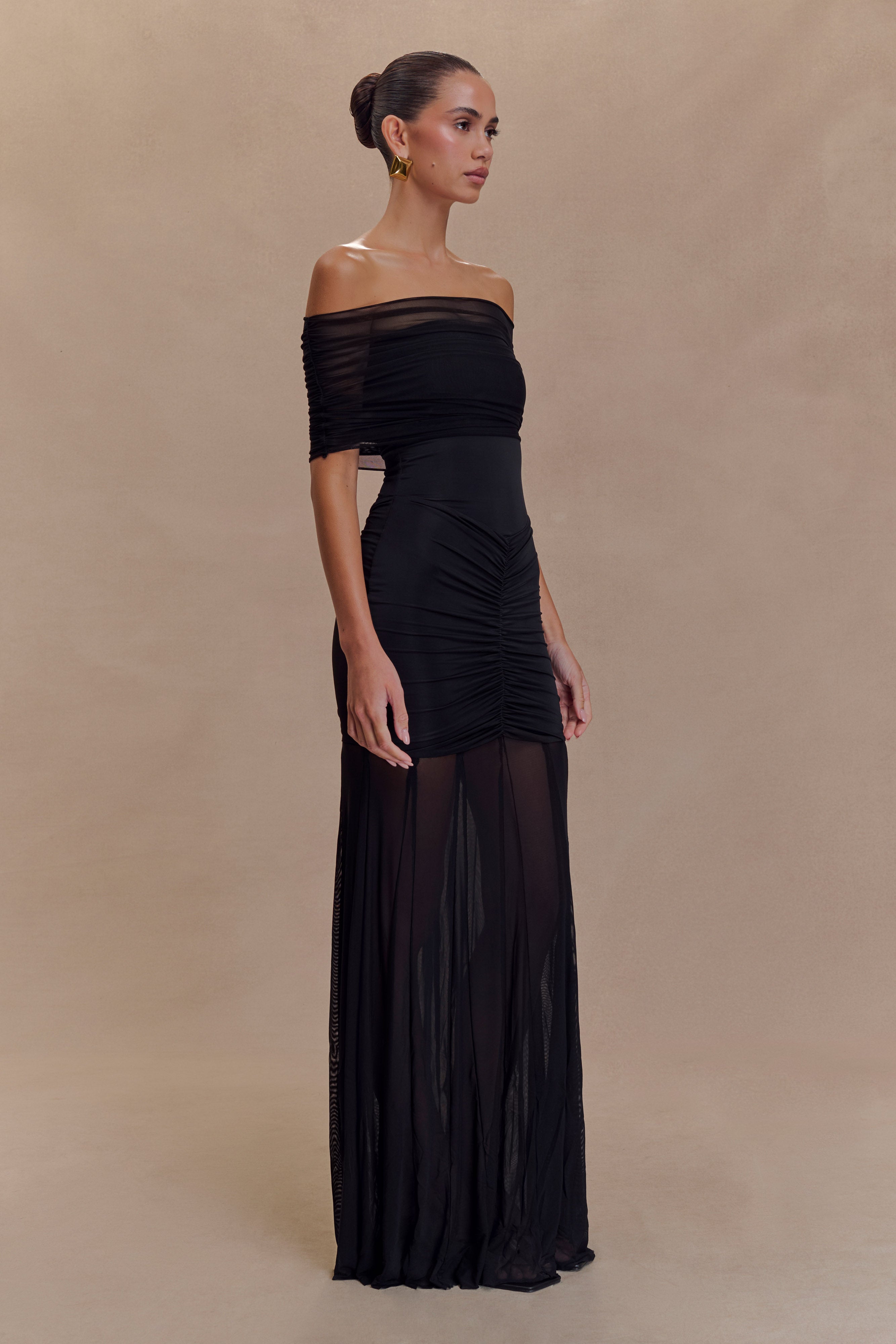 Caspian Slinky And Mesh Off Shoulder Maxi Dress - Black、mySite、solidvoid