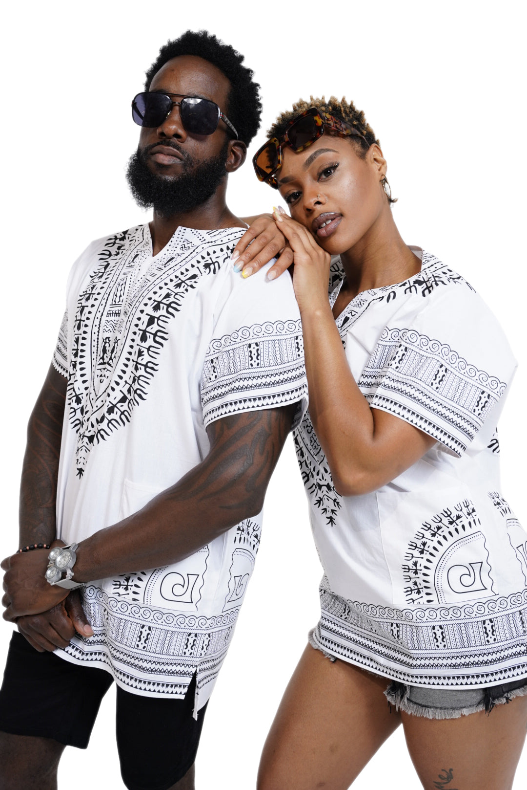 Dupsie's White African Print Unisex Dashiki Shirt Suitable for Festivals, Concerts, Cruises, Outdoor Events -DP3830M、mySite、solidvoid