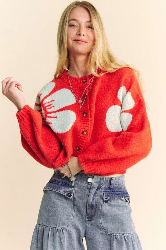 Davi & Dani Flower Contrast Round Neck Long Sleeve Cardigan、mySite、camillekostekn