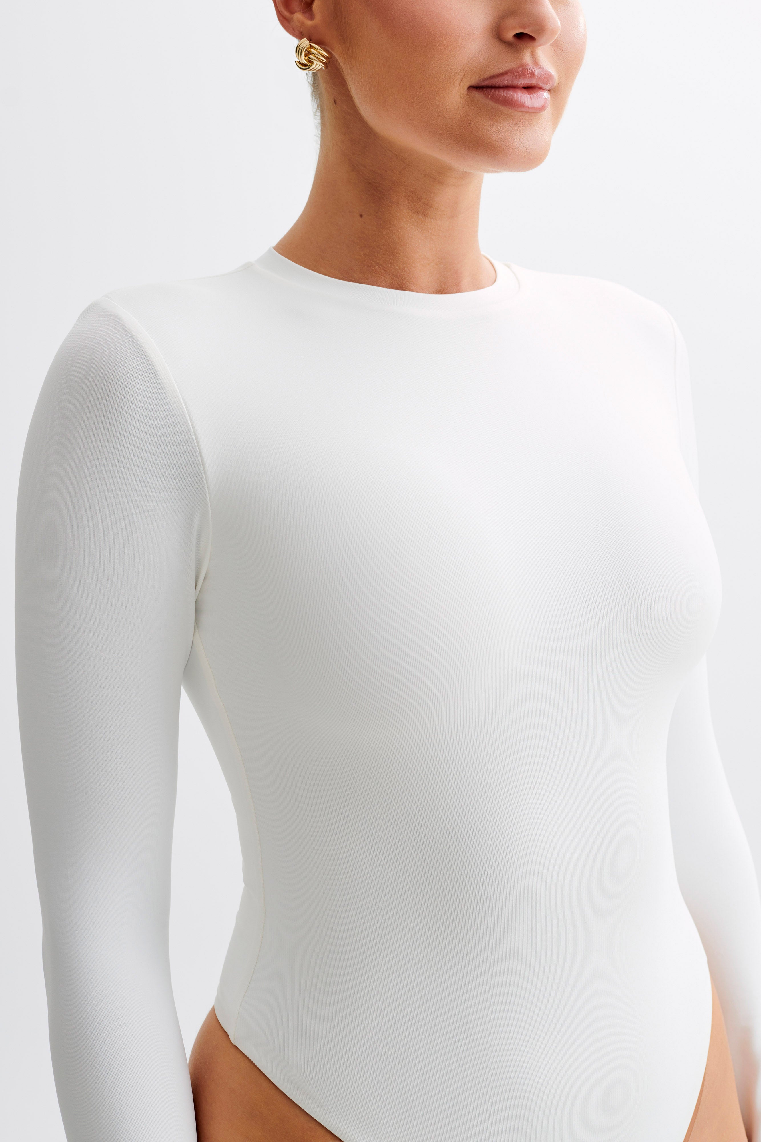 Delilah Long Sleeve Crew Neck Bodysuit - White、mySite、solidvoid