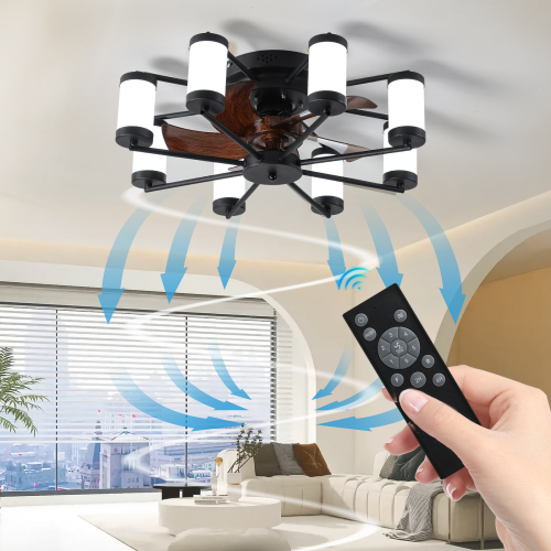 21.7 inch Ceiling Fan Light - Windmill-shaped Flush Mount Ceiling Fan with Light with Remote Control and Timer,Black、、eastwooduniform