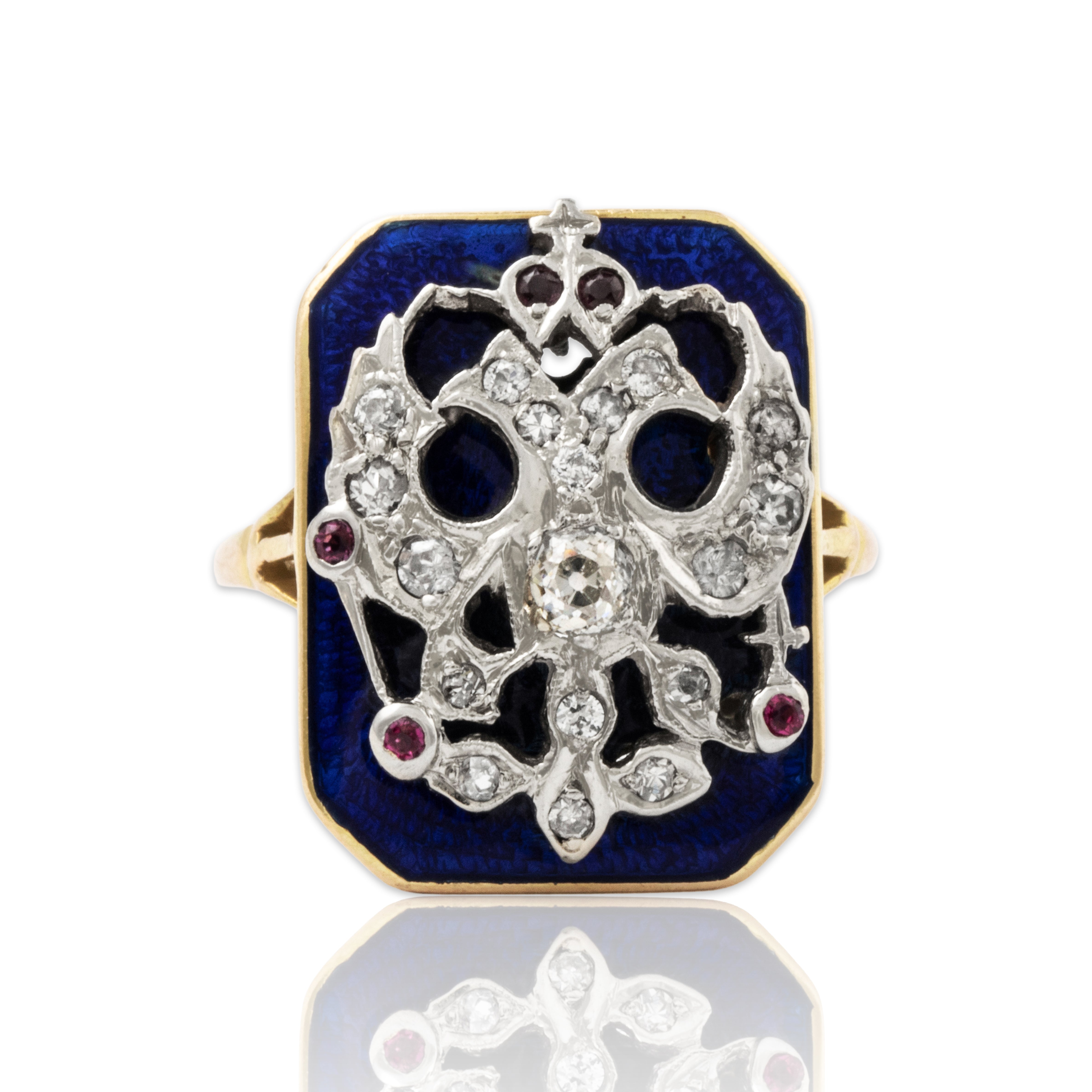 Antique 14k Yellow Gold Natural Diamond Synthetic Ruby Two-Headed Eagle Ring、mySite、hinf8tx79