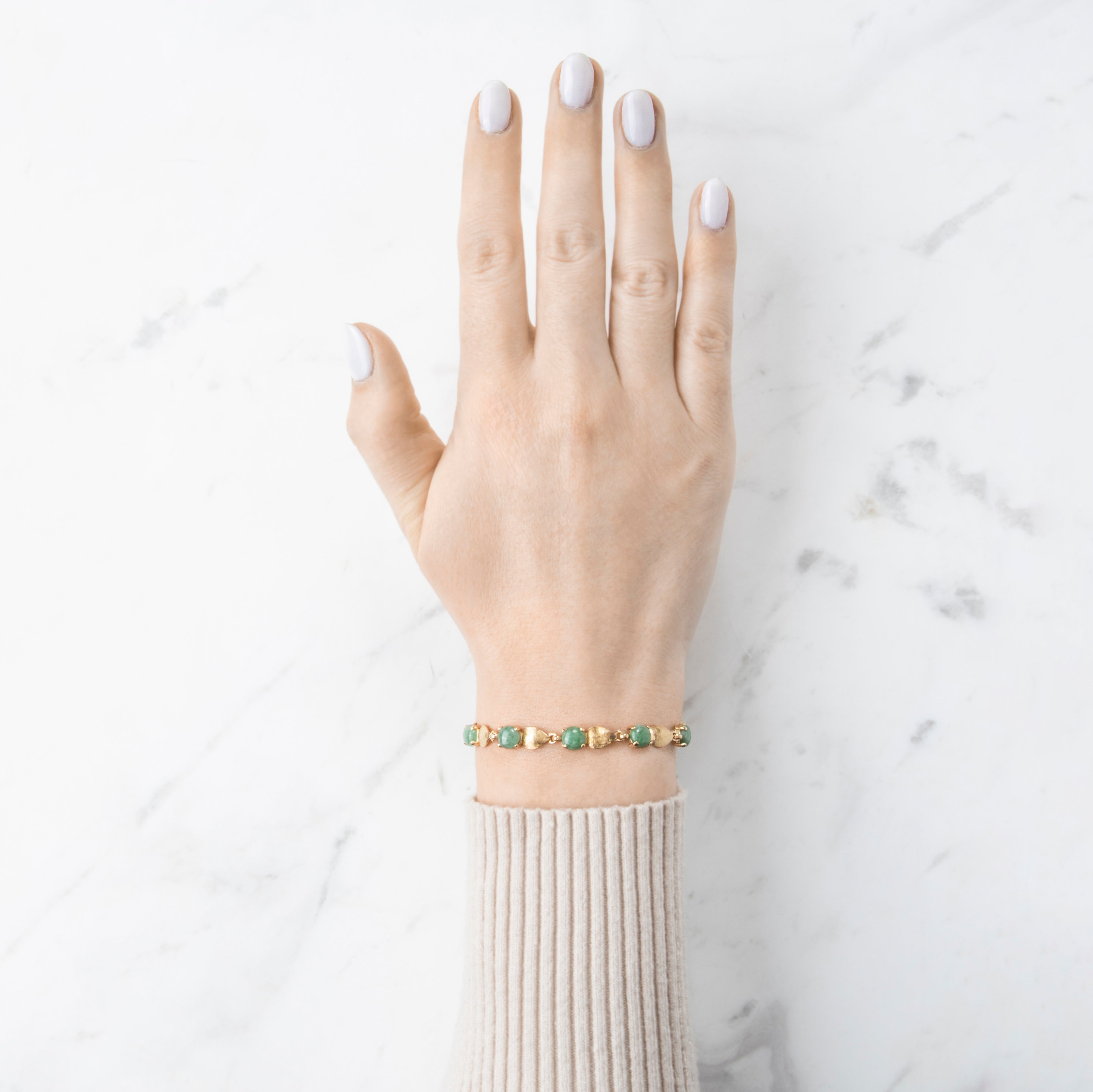 Vintage 14k Yellow Gold 7.8cttw Light Green Jade Leafy Station Bracelet 6.75、mySite、hinf8tx79