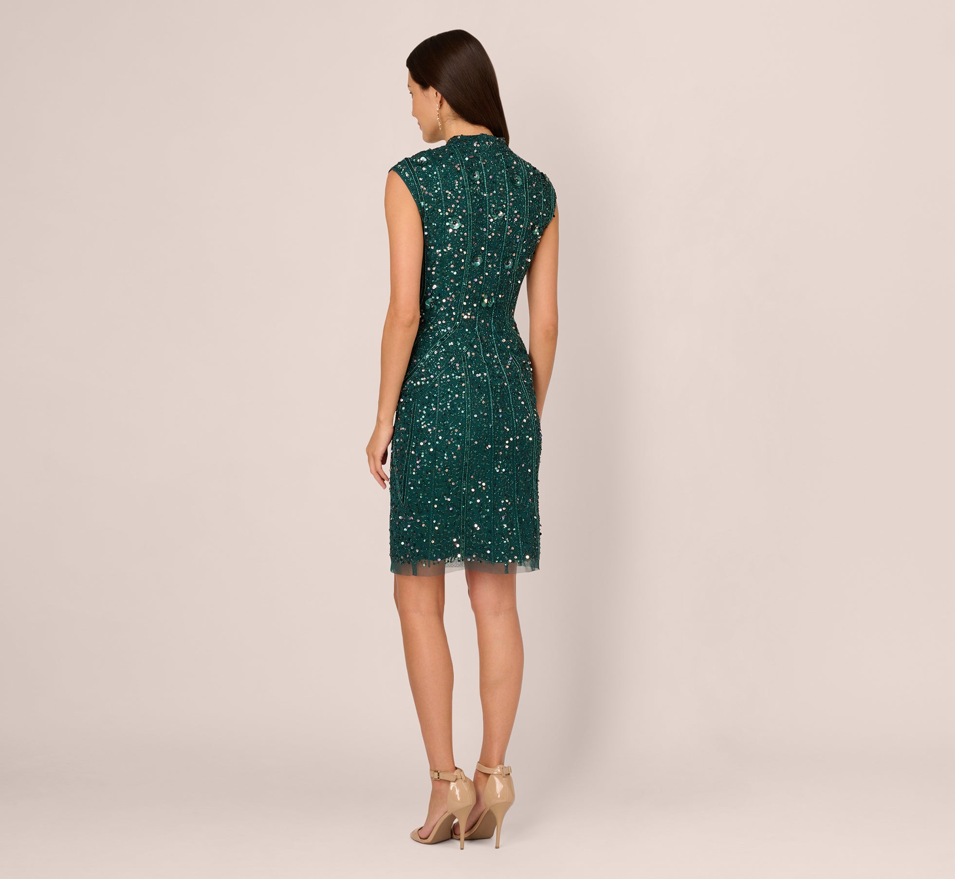 Cap Sleeve Sequin Beaded Dress With Mock Neckline In Gem Green、mySite、solidvoid