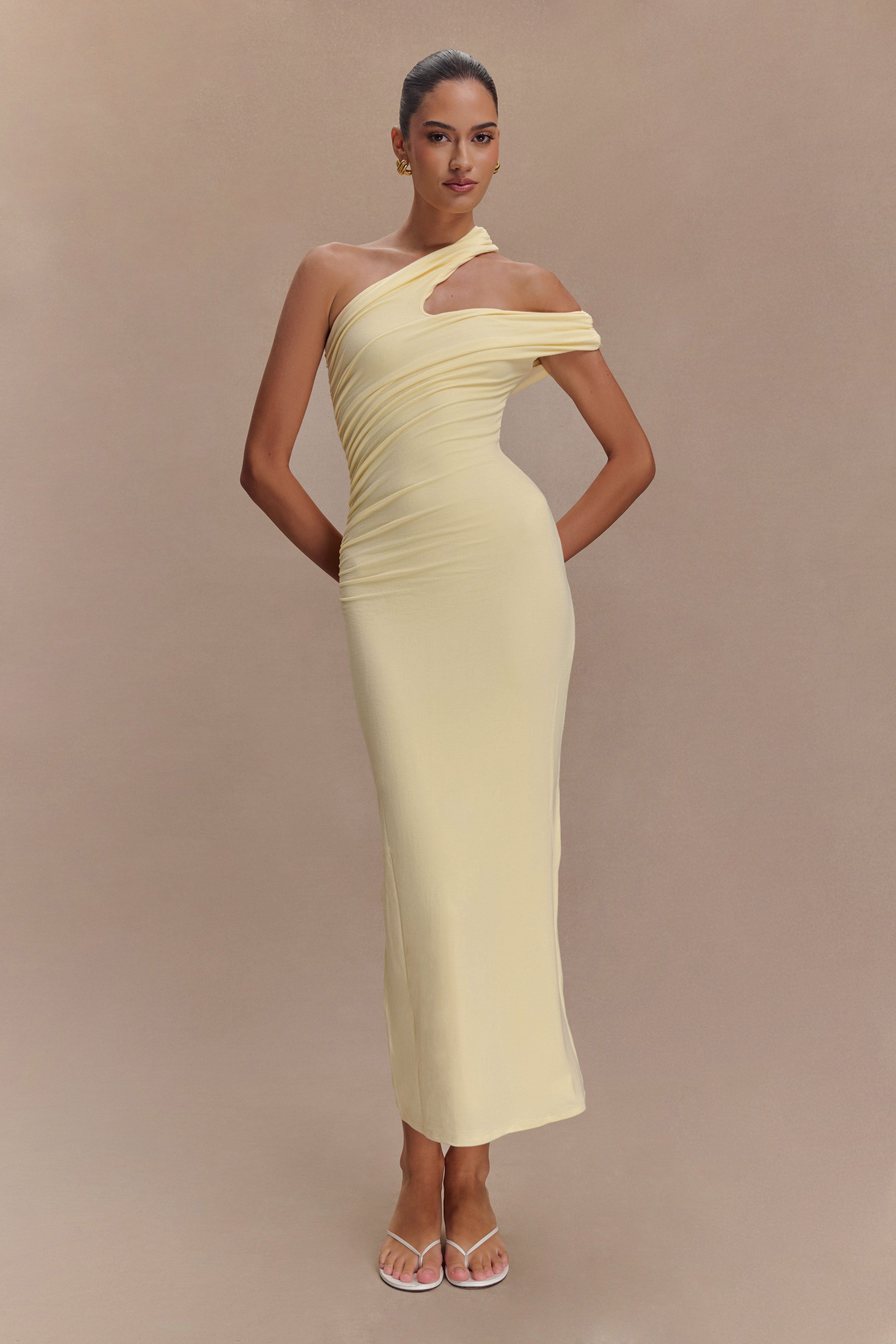 Anastasia One Shoulder Modal Midi Dress - Pale Lemon、mySite、solidvoid