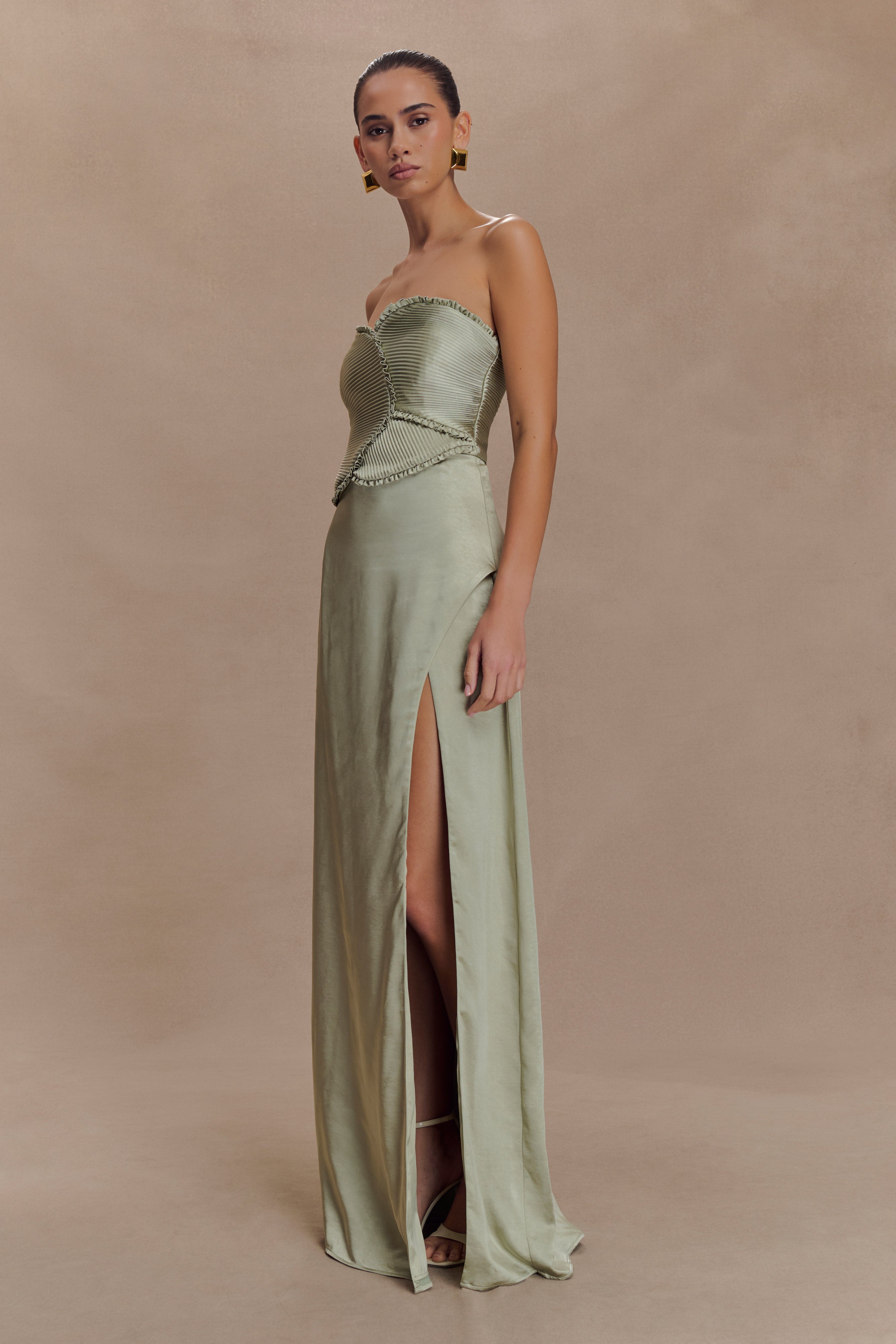 Larissa Satin Maxi Dress With Ruched Petals - Sage、mySite、solidvoid