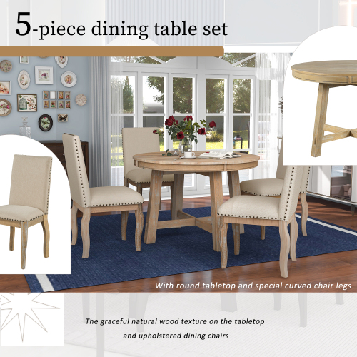 TREXM 5-Piece Farmhouse Dining Table Set Wood Round Extendable Dining Table and 4 Upholstered Dining Chairs (Natural Wood Wash)、、casual