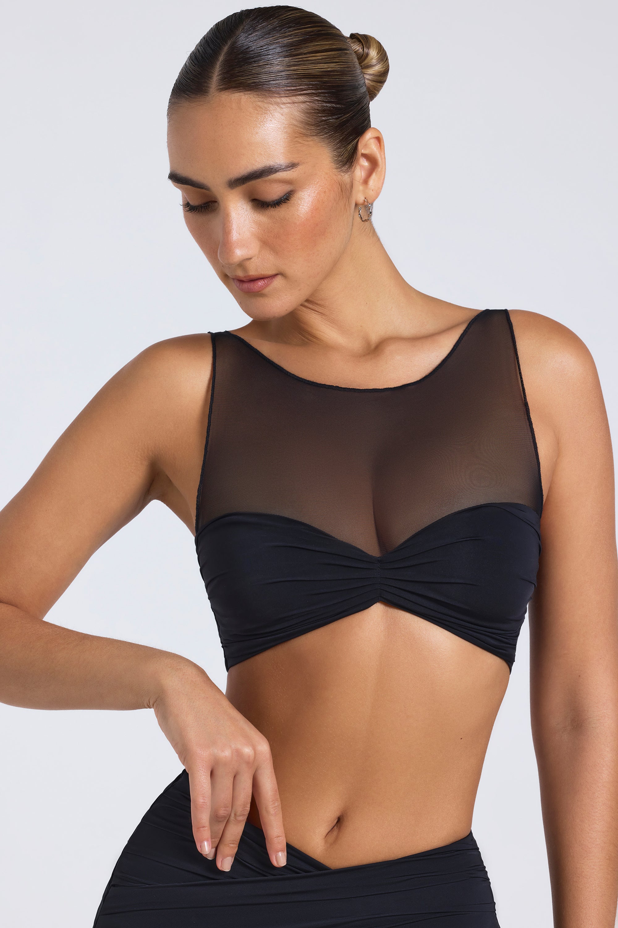 Sheer Panelled Ruched Crop Top in Black、mySite、solidvoid