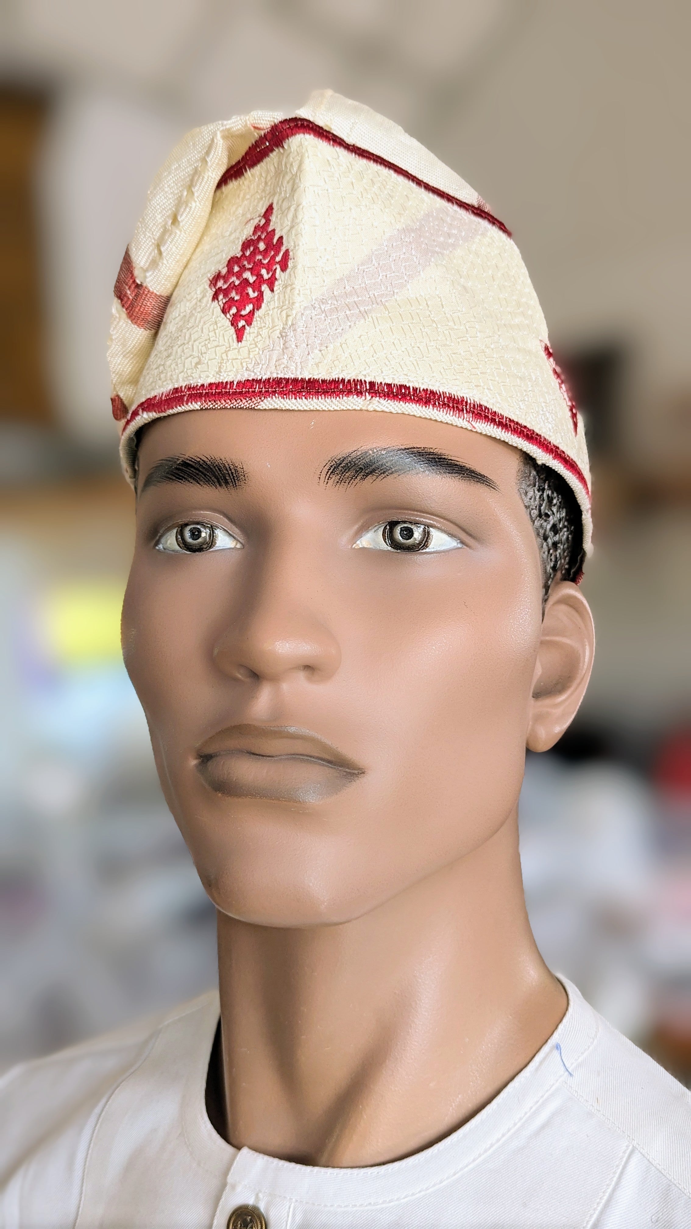 Dupsie's IfeFila Cream African Aso Oke Fila Cap hat with Burgundy embroidery DPHACB4、mySite、solidvoid