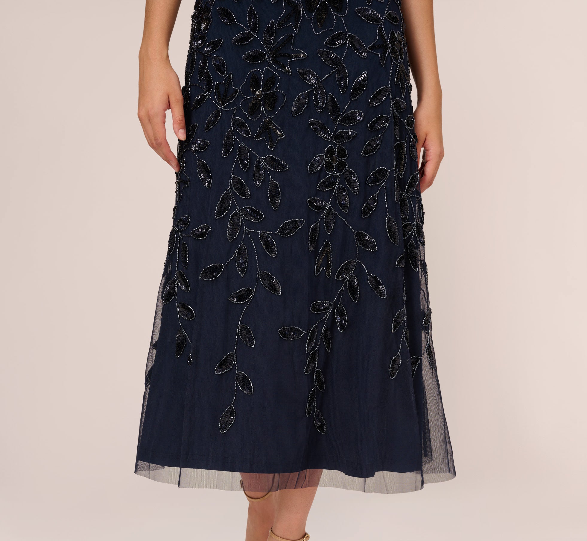 Floral Beaded Ankle Length Sleeveless Gown In Navy、mySite、solidvoid