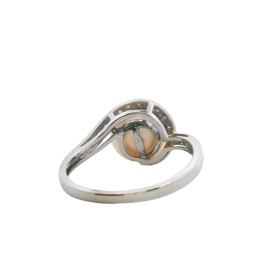 Estate 10K White Gold 9mm Freshwater Pearl & Diamond Bypass Ring、mySite、botmansion