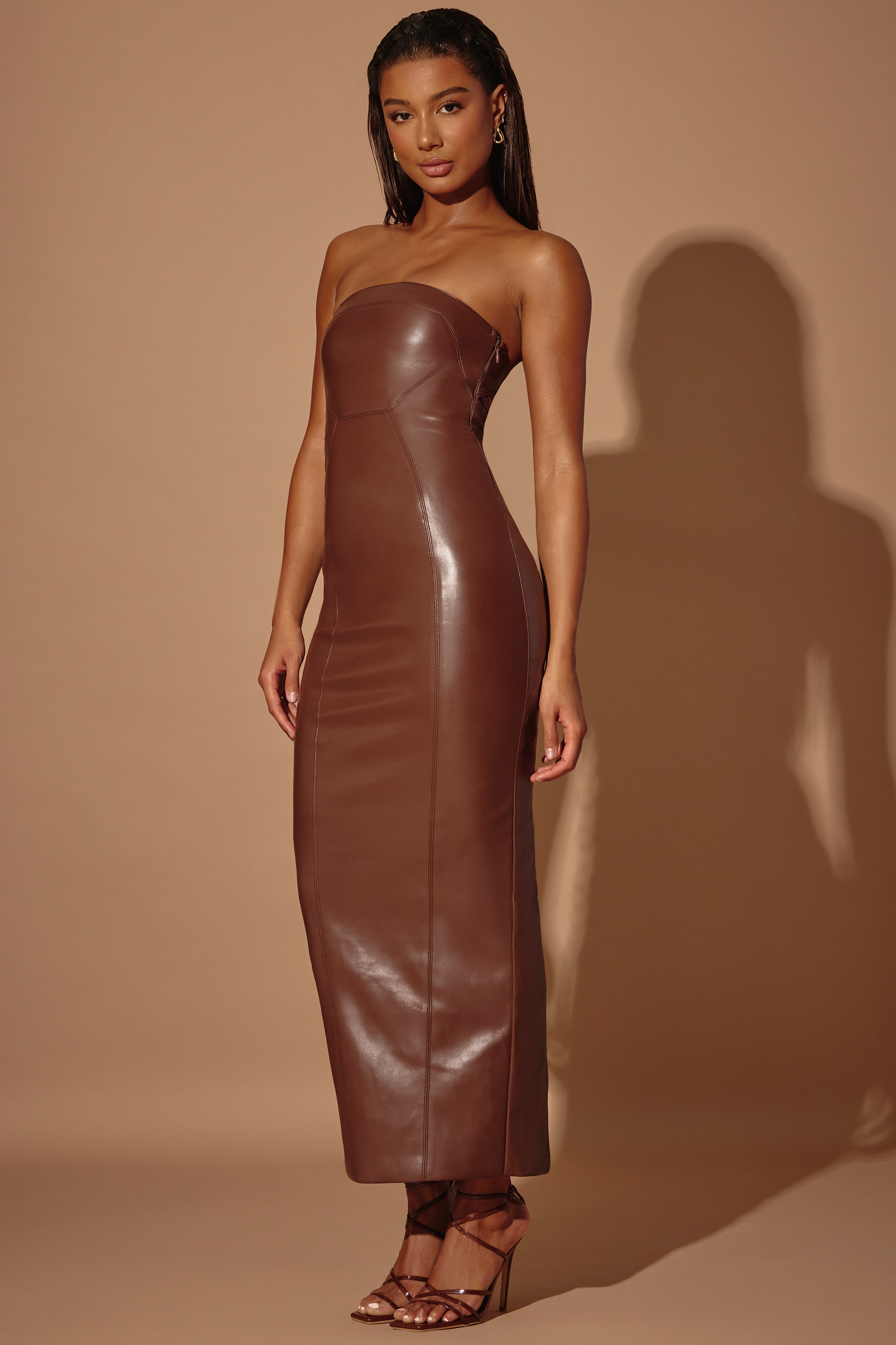 Strapless Vegan Leather Maxi Dress in Brown、mySite、solidvoid