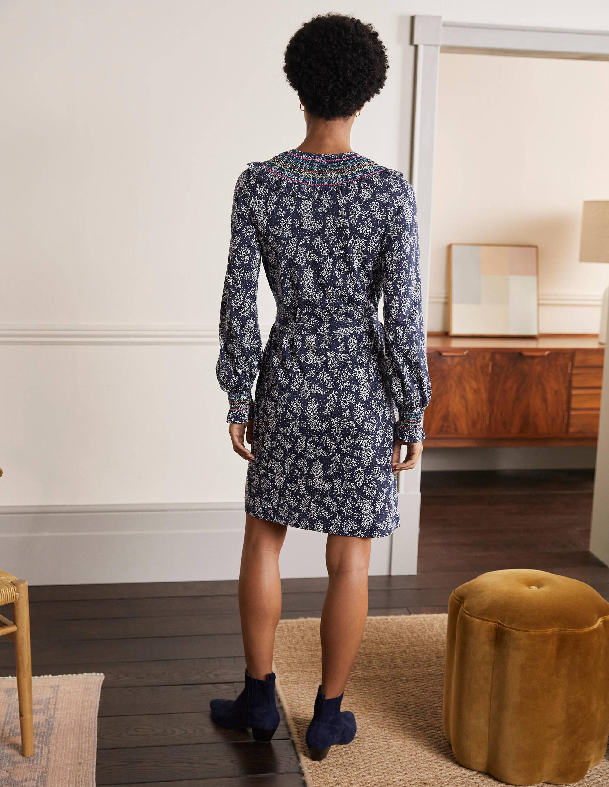  Smocked Detail Jersey Dress-French Navy, Leafy Sprig、mySite、ashleygrahame