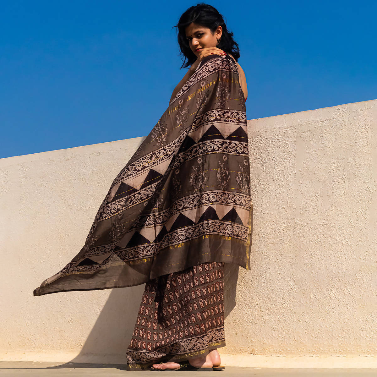 Festive Wear | Chanderi Handblock Printed Bagru Saree | Grey、mySite、camillekostekn