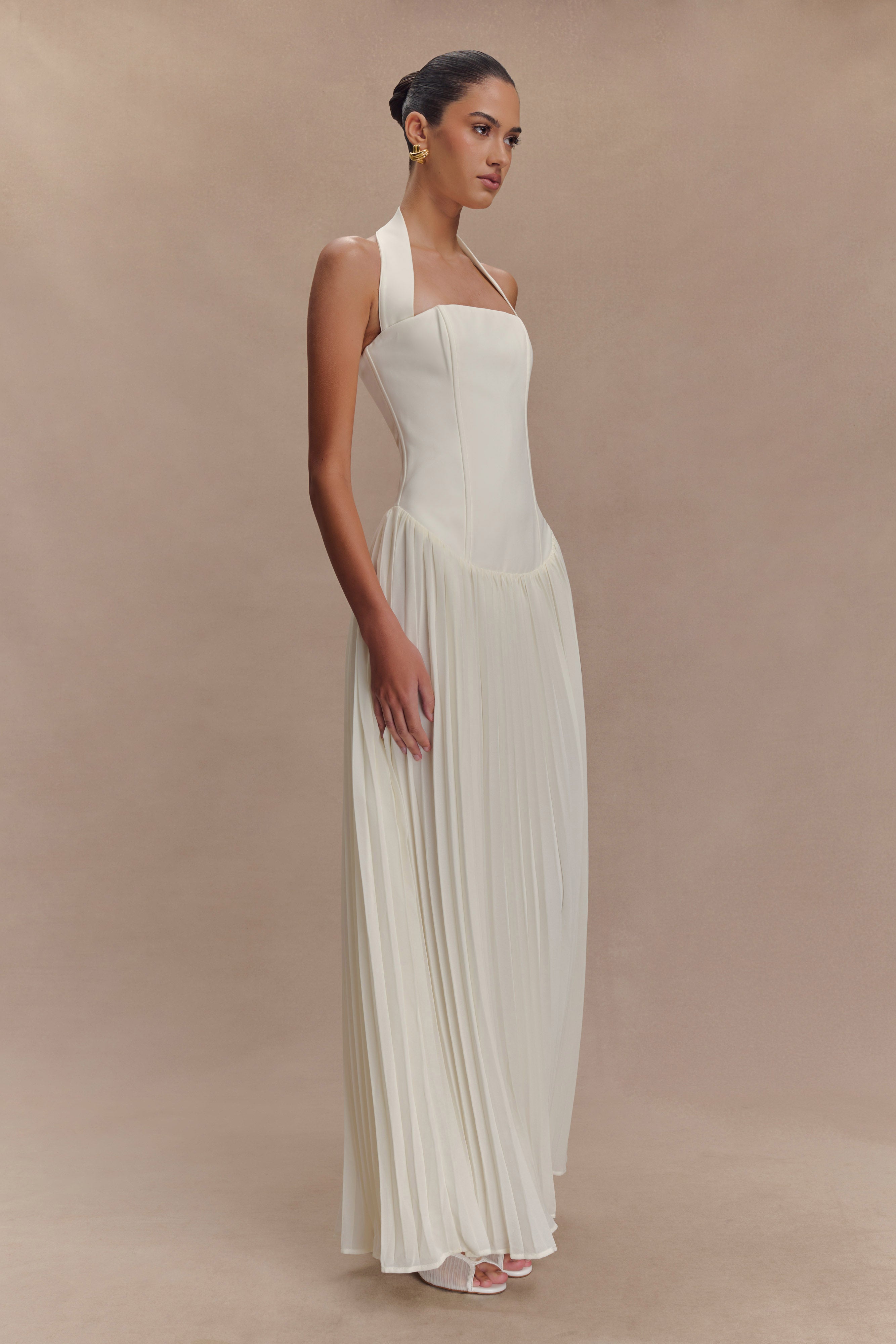 Stacie Pleated Halter Maxi Dress - Ivory、mySite、solidvoid