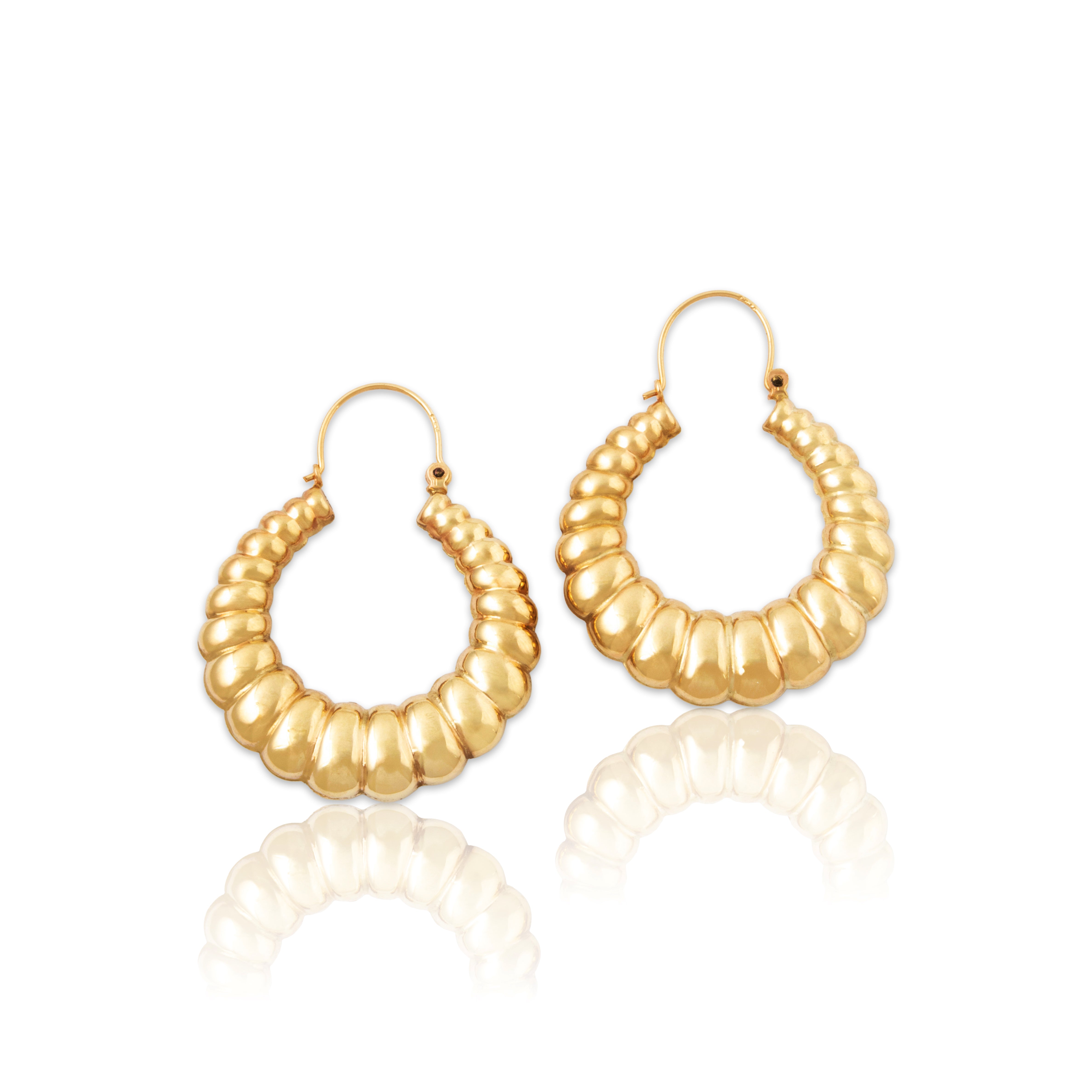 Vintage 14k Yellow Gold Puffy Ribbed Statement Hoop Earrings、mySite、hinf8tx79