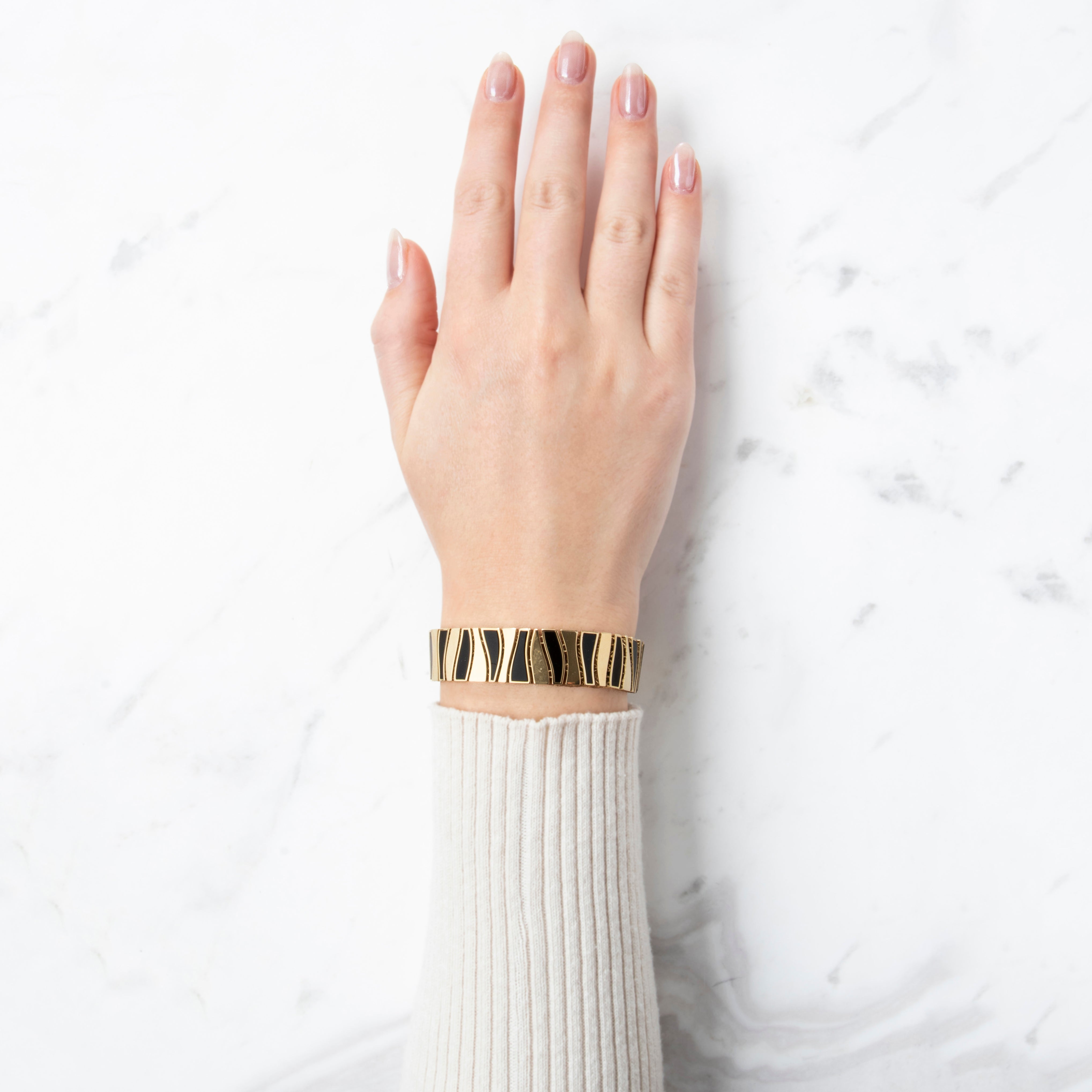 Chic Vintage Italian 14k Yellow Gold Onyx Modernist Zebra Bracelet 6.75、mySite、hinf8tx79