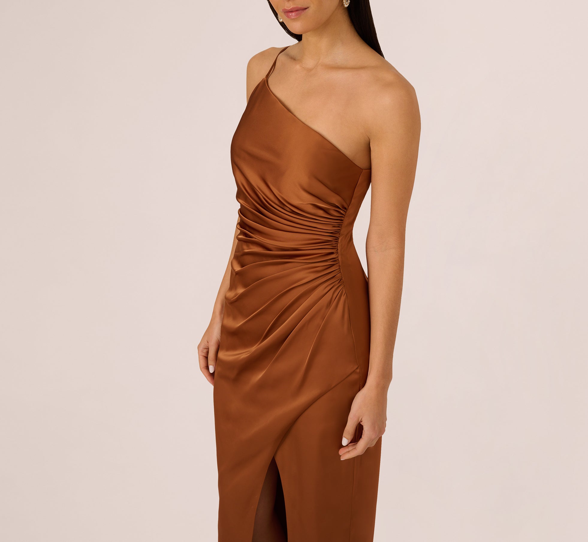 One Shoulder Ruched Satin Gown In Cinnamon、mySite、solidvoid