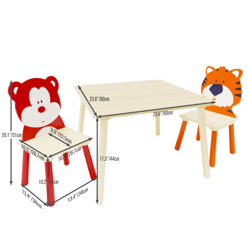 Kids Table and 2 Chairs Set, 3 Pieces Toddler Table and Chair Set, Wooden Activity Play Table Set (Lion&Monkey)、、casual