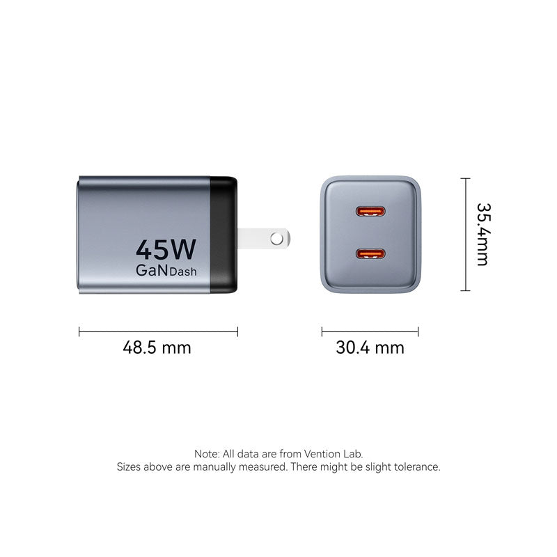 Vention 2-Port USB (C + C) GaN Charger (45W/45W) US-Plug Gray、mySite、fannypackpong