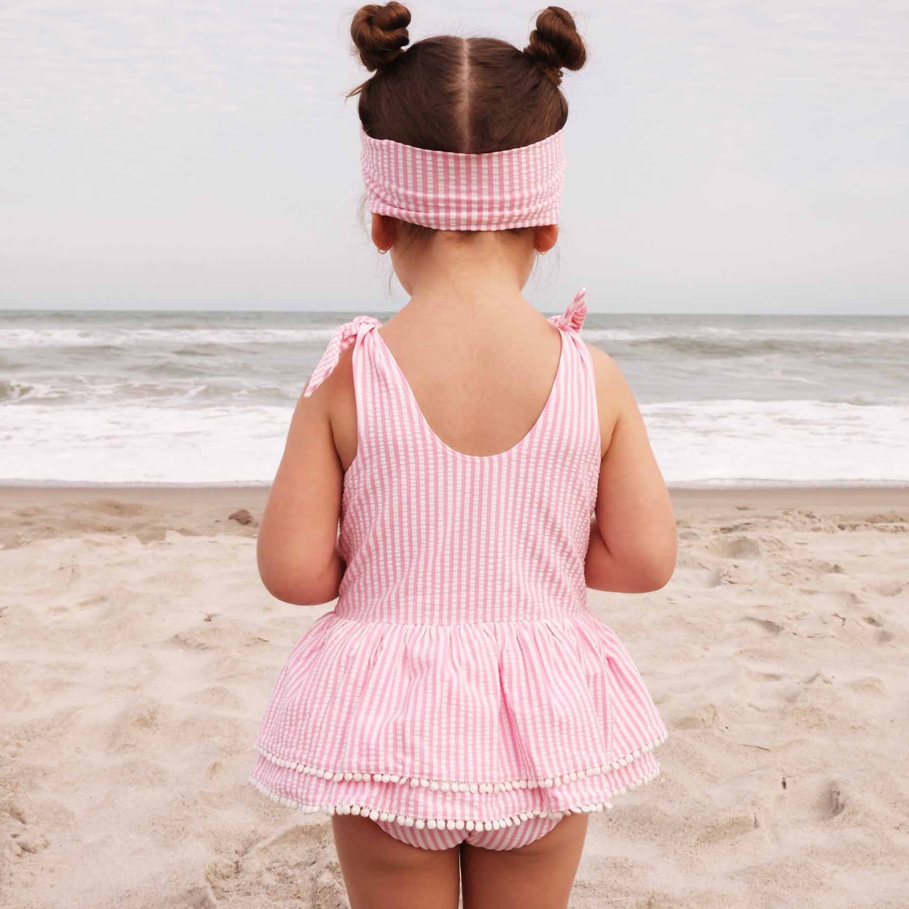  Tiered Skirt with White Pom Trim | Seersucker Dusty Pink、mySite、layawaytickets